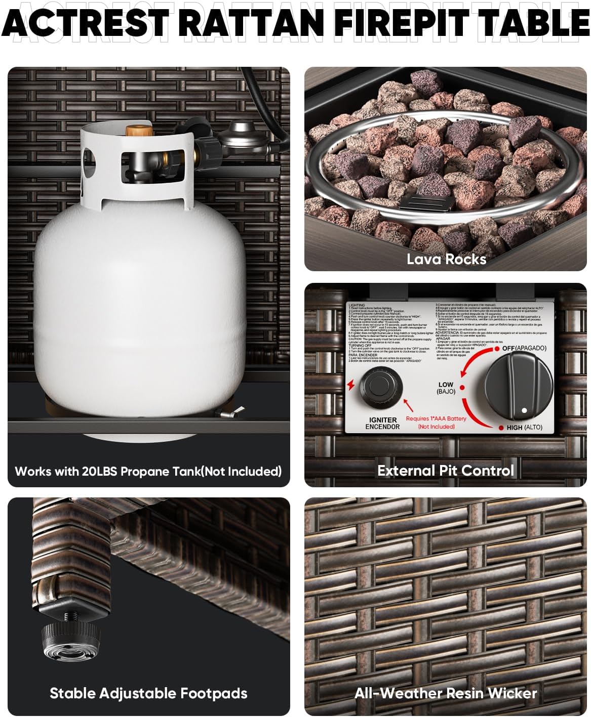 Outdoor Propane Fire Pit Table for Patio - 30-Inch Outside Wicker 50,000 BTU Gas Firepit Tables with Lava Rocks Waterproof Lid for Porch Glassroom Fireplace Garden Yard Apartment - Brown