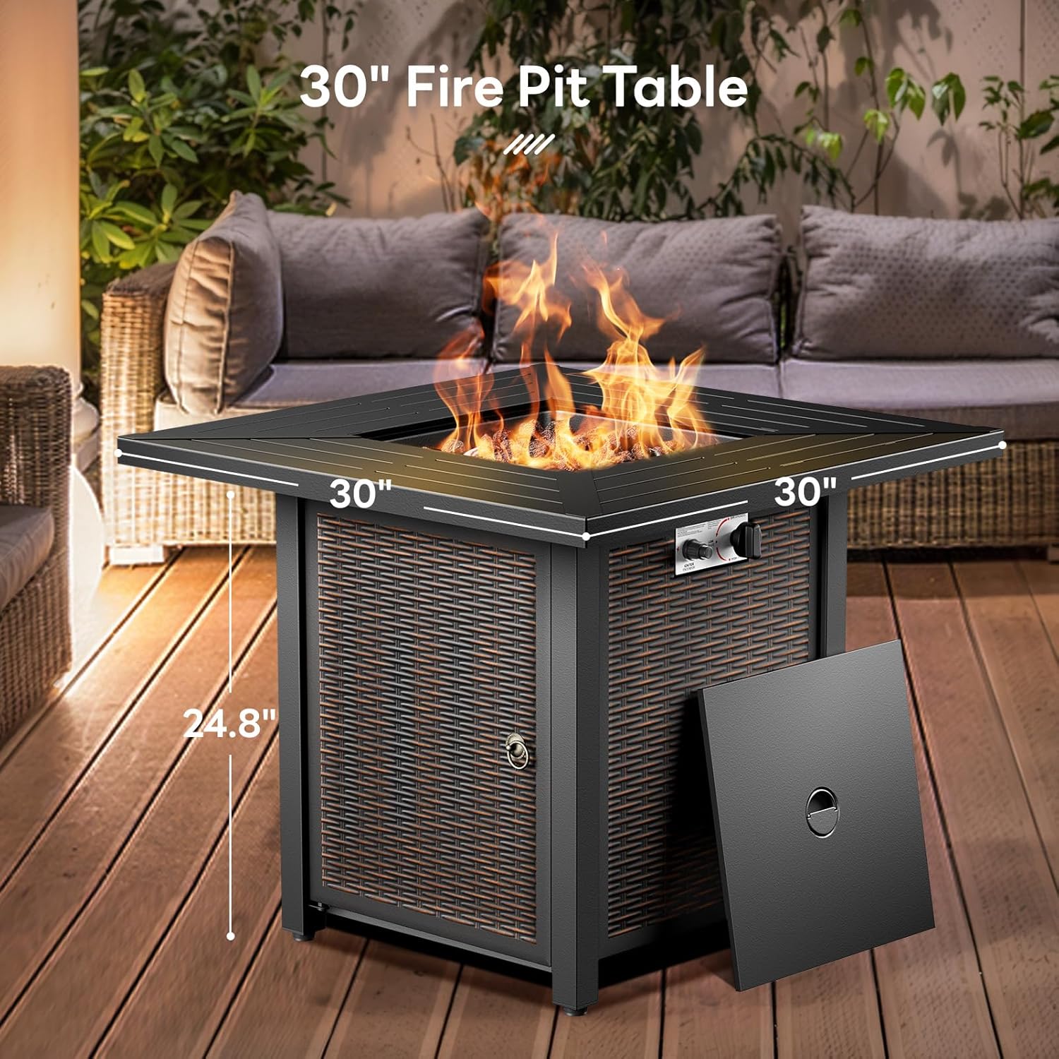 Wicker Outdoor Swivel Chairs Set of 4 with Fire Pit Table, 5 Pieces Patio Furniture Set with Fire Pit Table for Yard, Deck, Garden, Light Beige/Light Blue