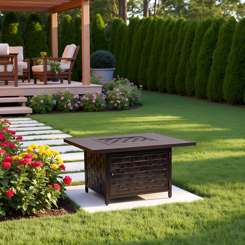 Square LPG/NG Gas Fire Pit Table 55K BTU w/Burner Lid, Cover, Fire Glass #65125