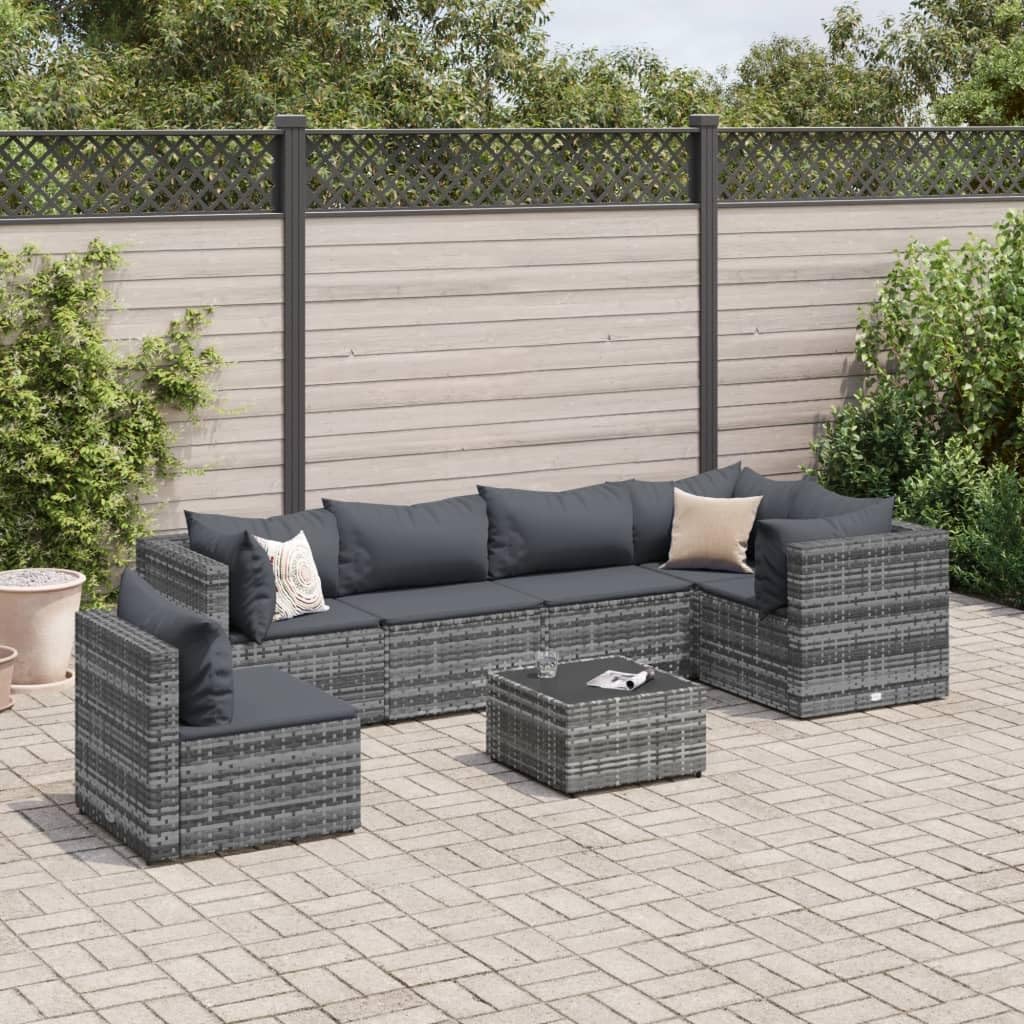 7 Piece Patio Lounge Set with Cushions Gray Poly Rattan,Versatile Outdoor Rattan Lounge Set with Tempered Glass Table and Adjustable Comfort Patio Furniture Sets, Outdoor Furniture Sets