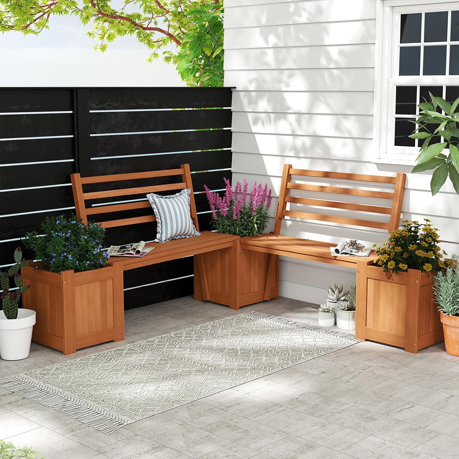 2 Pieces Outdoor Planter Box with Bench, Teak Oil Finish Wood Seat with 2 Open-Ended Base Garden Beds & Backrest, Decorative Plant Container for Yard, Balcony & Porch