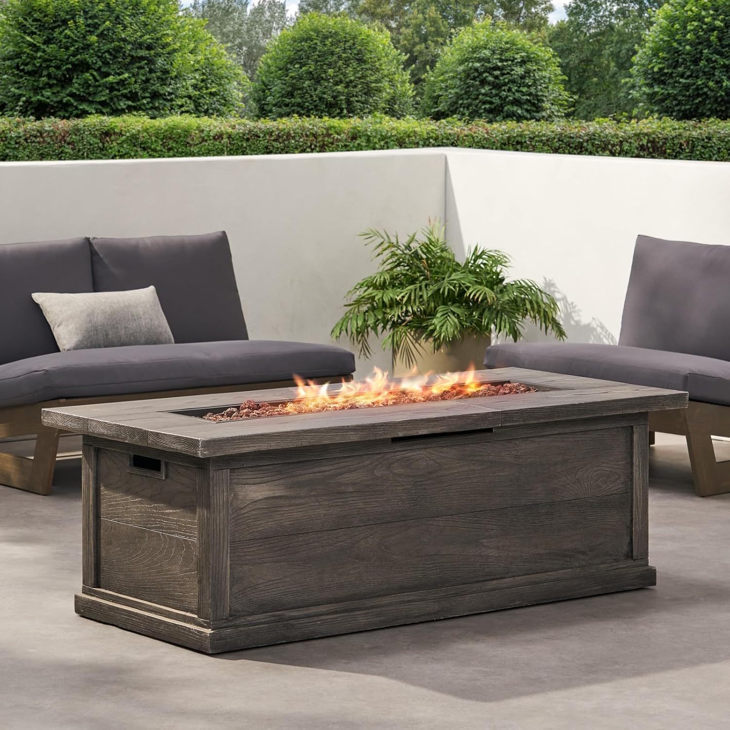 Penau 56 Inch Outdoor 50,000 BTU Rectangular MgO Concrete Propane Fire Pit Grey Wood Pattern Simplified Setup Cozy Warmth