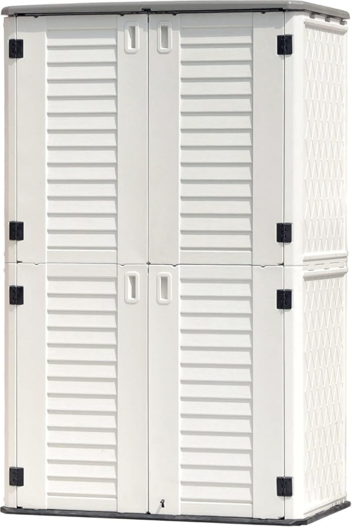 KINYING Outdoor Storage Shed Waterproof, Resin Vertical Storage Cabinet Double-Layered, Versatile to Store Patio Furniture, Garden Tools, Pool Accessories,Mower (66 Cu.ft,White)