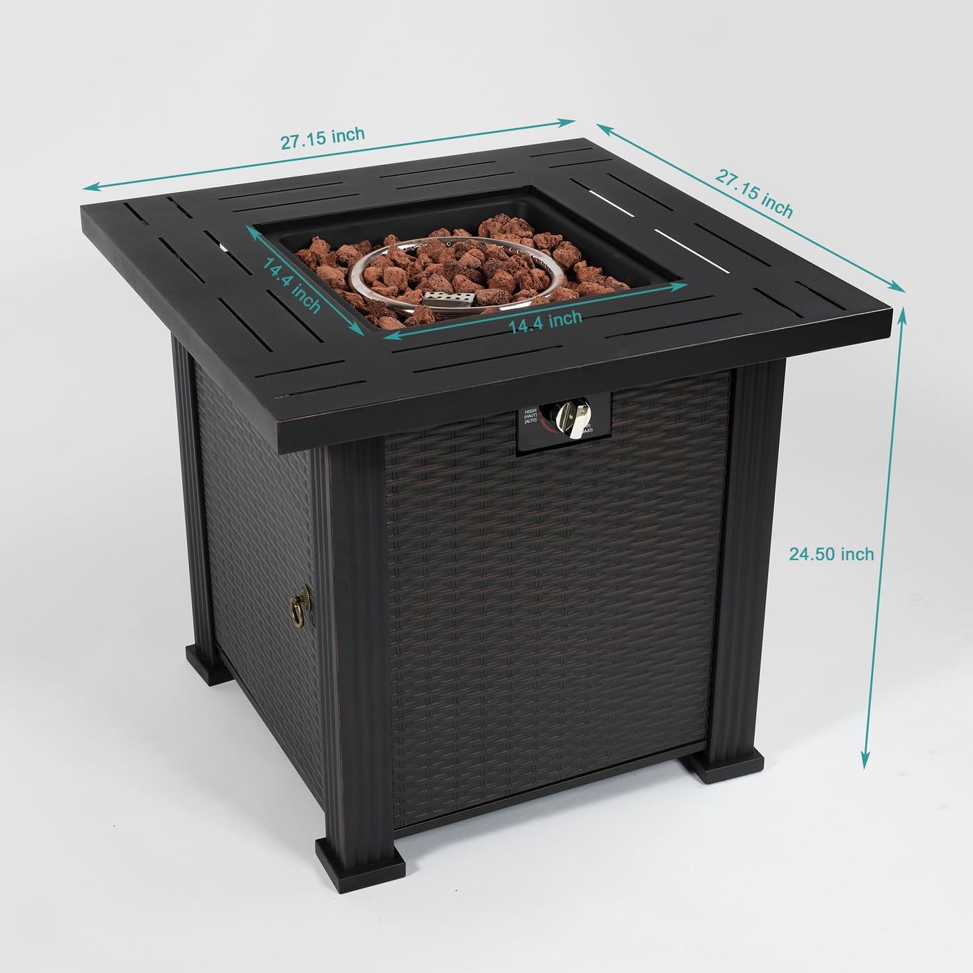 Outdoor Furniture Propane Fire Pit Table Square Tabletop Fire Pit with Wicker-Look Panels & Hidden Tank Storage Adjustable Flame Control Patio Deck Backyard