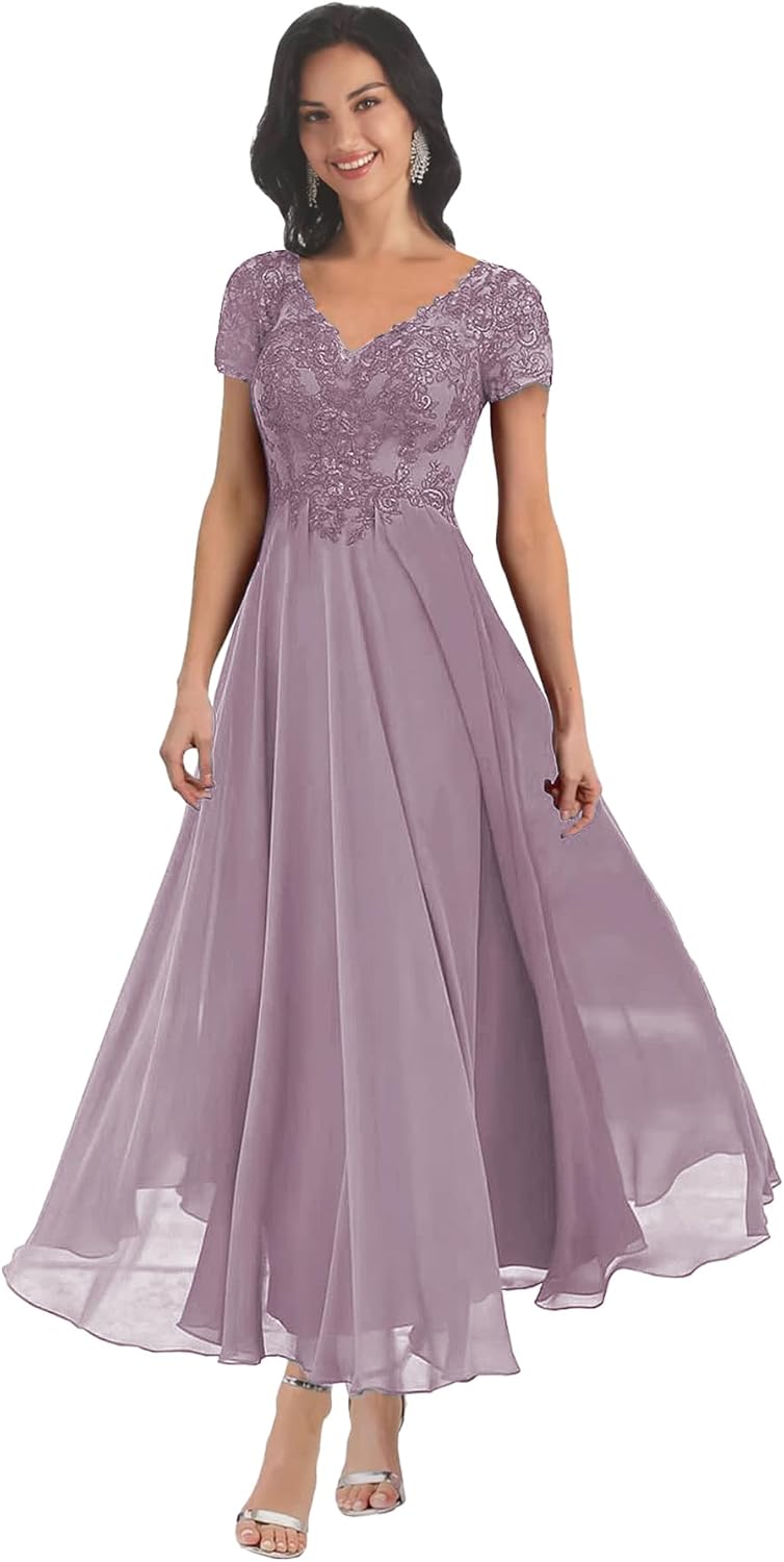 BANTRATIC Mother of The Bride Dresses for Wedding Lace Appliques V Neck Short Sleeve Corset Chiffon Back Bridesmaid Dress