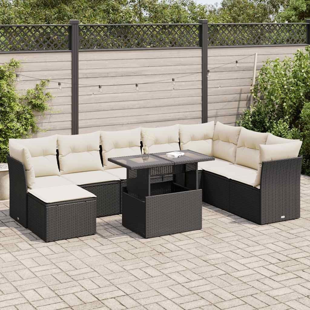 9-Piece Garden Sofa Set in Black and Cream White, Modern Outdoor Furniture with PE Rattan and Steel Frame, Weather-Resistant Modular Patio Seating for Backyard Lounge,
