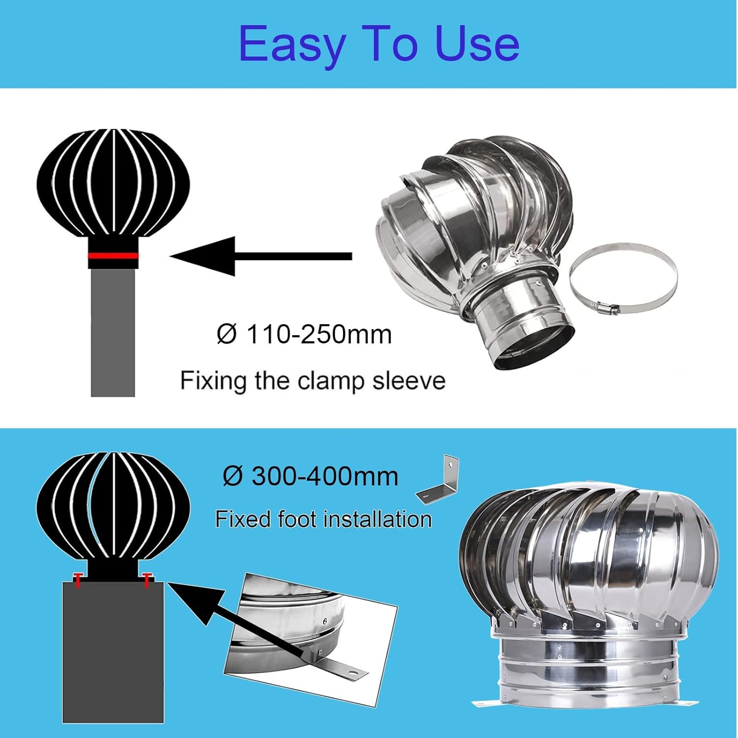 1Pcs Wind Turbines Vents, Galvanized Turbines Internally Braced Wind Turbines, 4 10 12 inch Easy to Install Unpowered Rotation Rainproof Ventilator Chimney Cap for Houses,200Mm