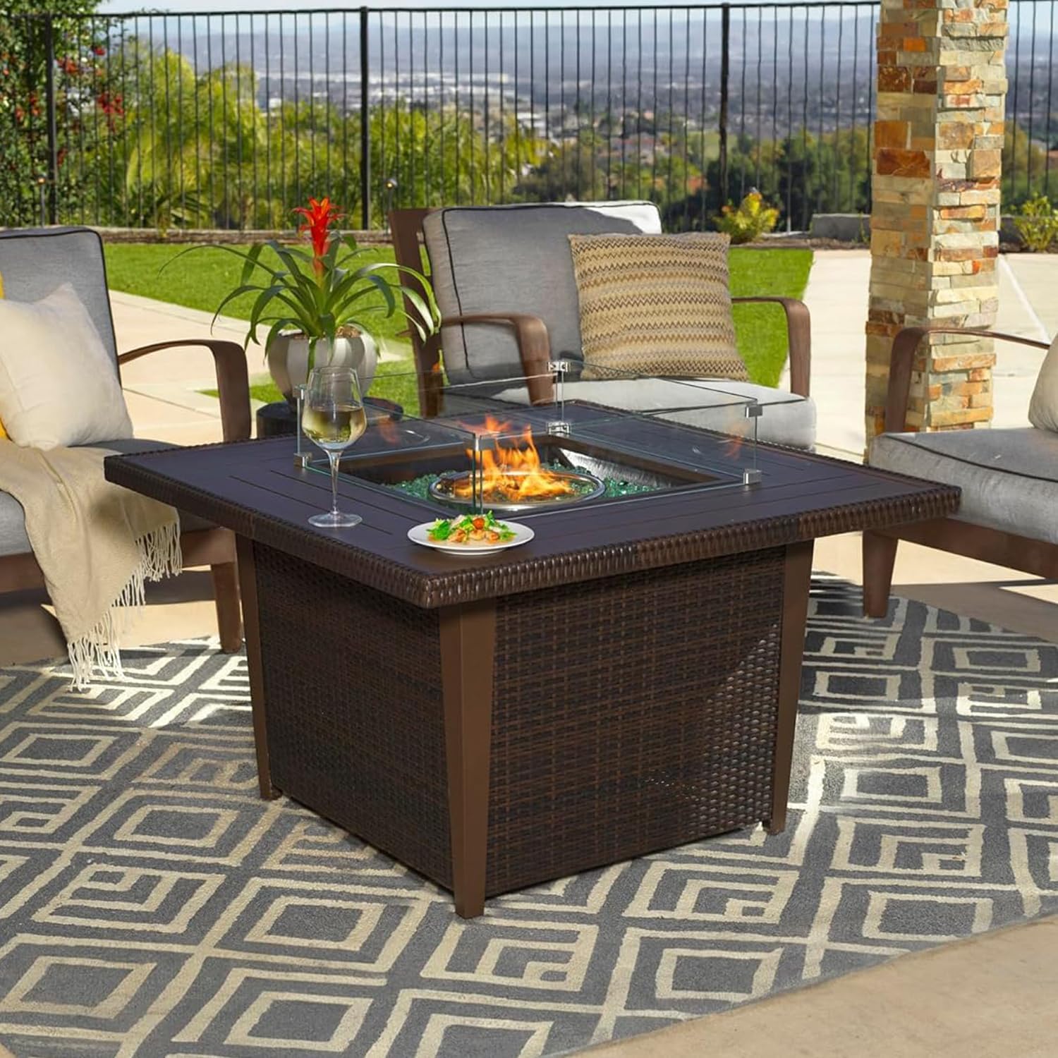 42 Inch Fire Pit Table, 50,000 BTU Outdoor Square Gas Fire Pit Table for Patio Garden Backyard,CSA Certification, with Lid, Glass Wind Guard, Waterproof Cover (Brown)