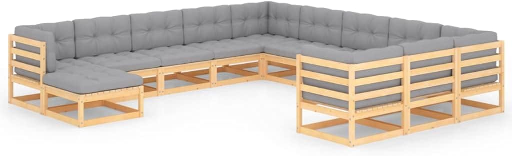 12 Piece Patio Lounge Set with Cushions Solid Wood Pine,Rustic Pinewood Patio Lounge Set with Comfortable Gray Cushions for Outdoor Relaxation Patio Furniture Sets, Outdoor Furniture Sets