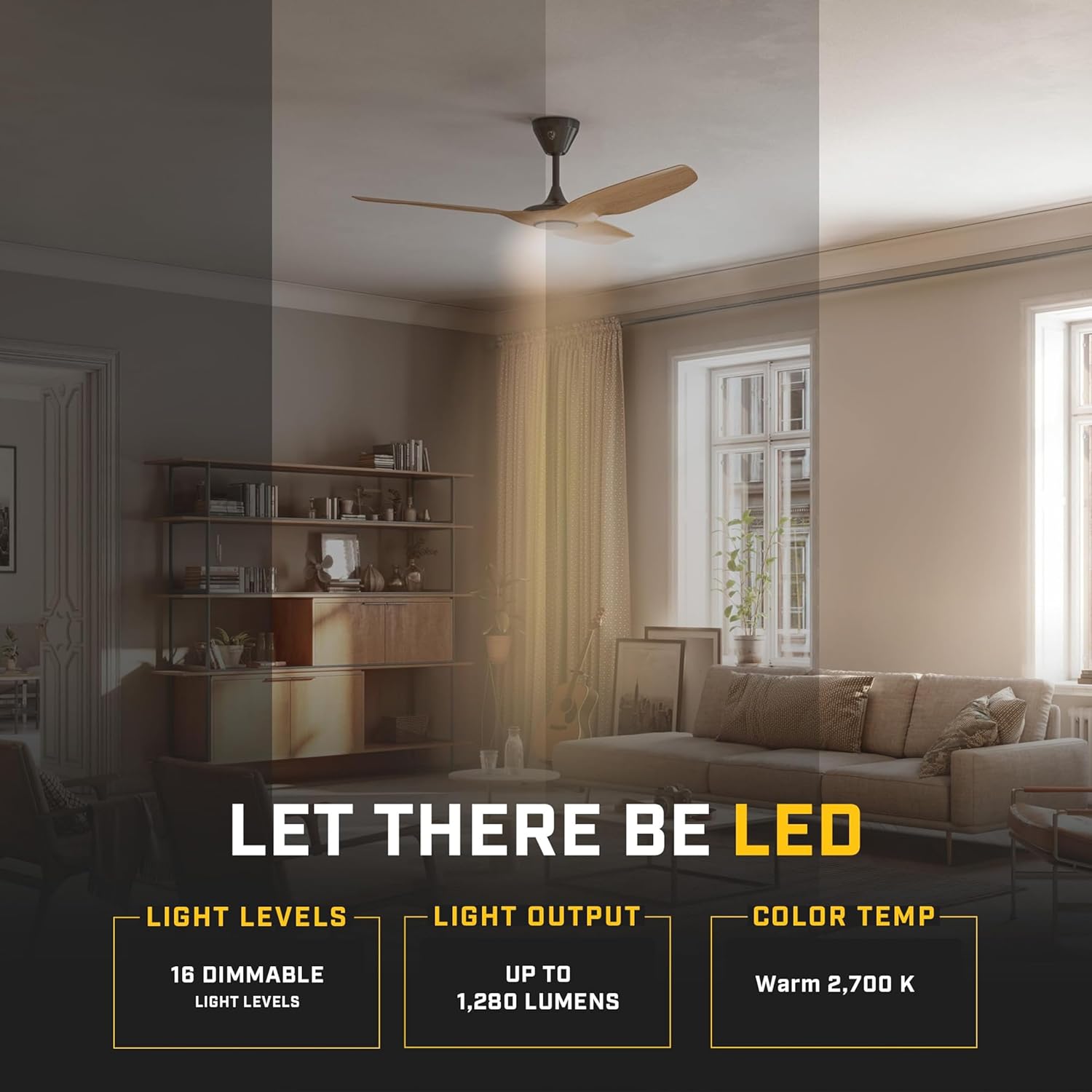 Big Ass Fans – Haiku L, Smart Ceiling Fan – Energy Efficient Cooling for Home, Bedroom, Office, Living Space, and More – 16 Lighting Settings with 7 Speed Settings – 52” - Caramel/Black