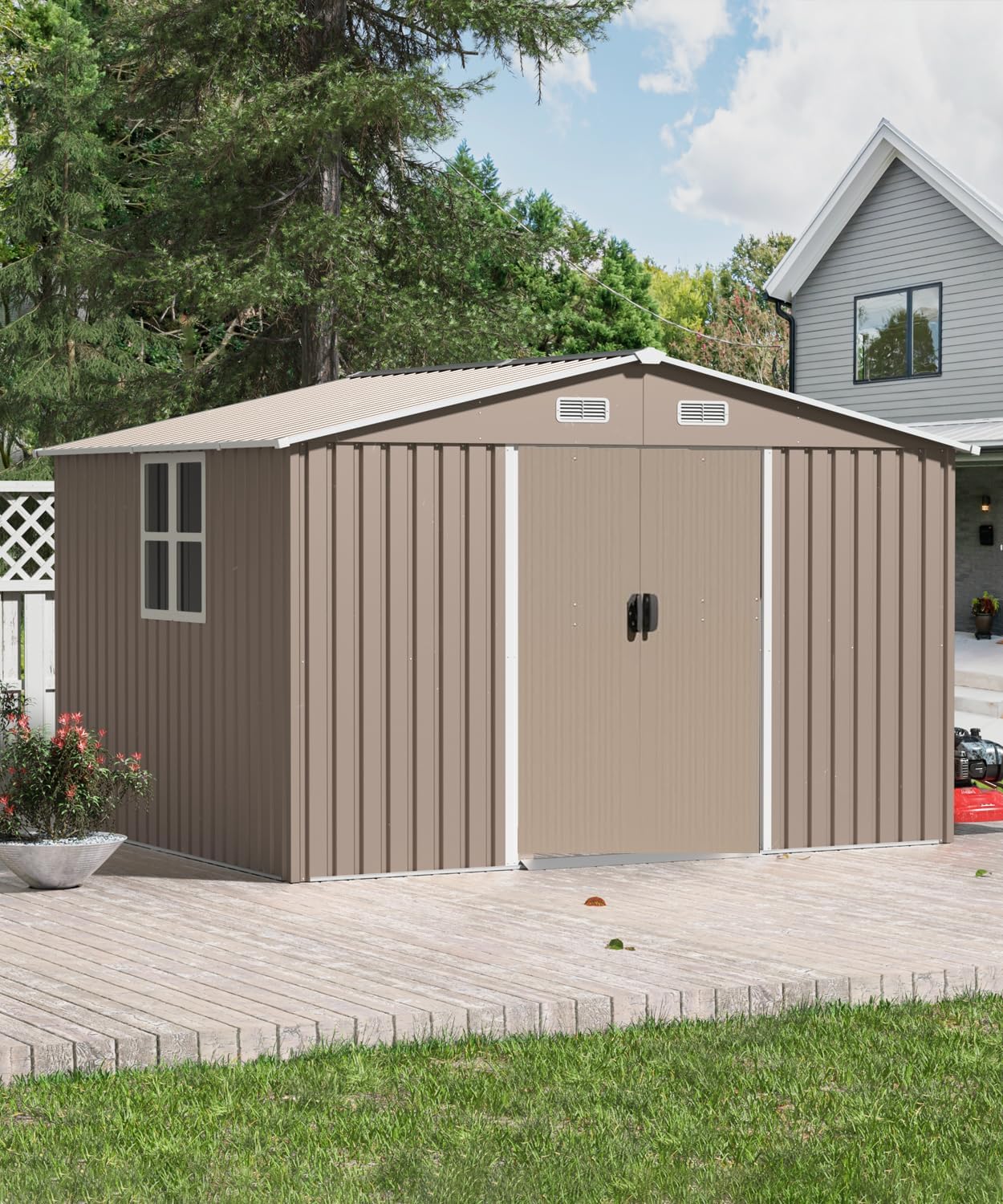 10 x 8FT Outdoor Storage Shed, Waterproof Lockable Door Metal Tool Shed with Sliding Door and Ventilation, Gardening Tool Storage Room, Metal Storage Shed for Gardens and Lawns