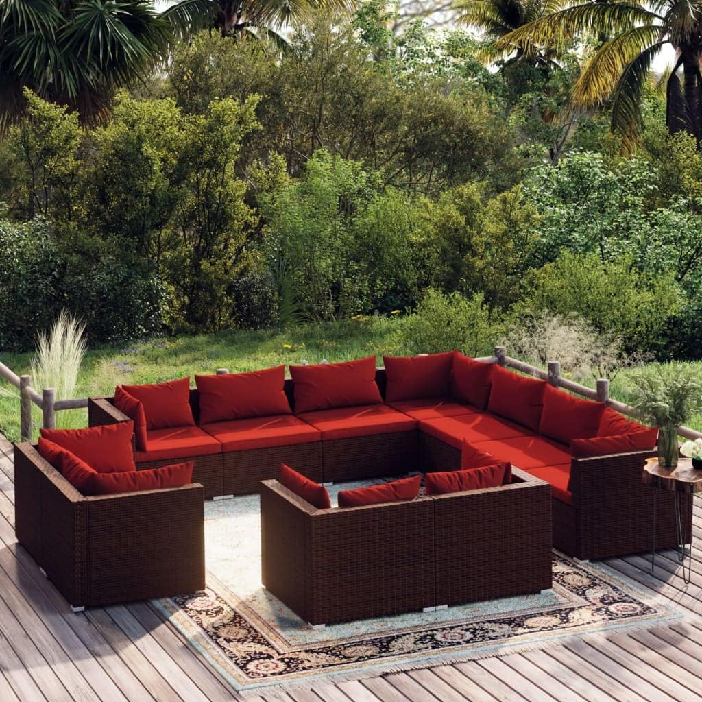 11 Piece Patio Lounge Set with Cushions Brown Poly Rattan Garden Furniture