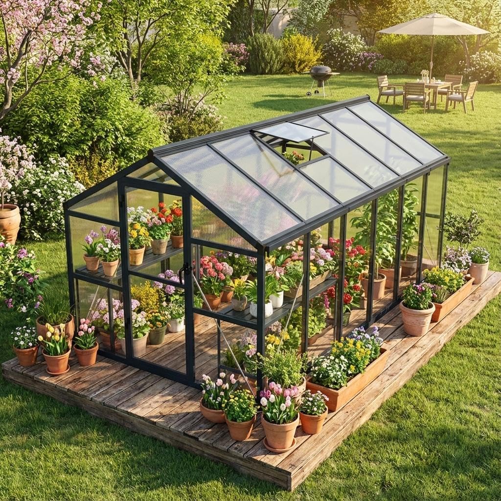 8x12 FT Greenhouse, Polycarbonate Walk-in Greenhouse for Outdoors with Roof Vent & Lockable Outward-Opening Swing Door, Heavy-Duty Aluminum Green House for Garden, Backyard, Patio, Lawn, Dark Grey