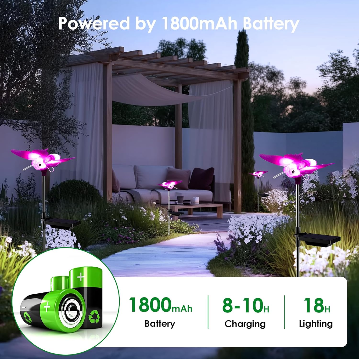 Outdoor Solar Lights for Yard, Self Swing Purple Solar Butterfly Lights, 1800mAh Waterproof Garden Lights Auto On/Off for Garden Yard Path Walkway Driveway Patio Decor, Warm White.（4 Pack