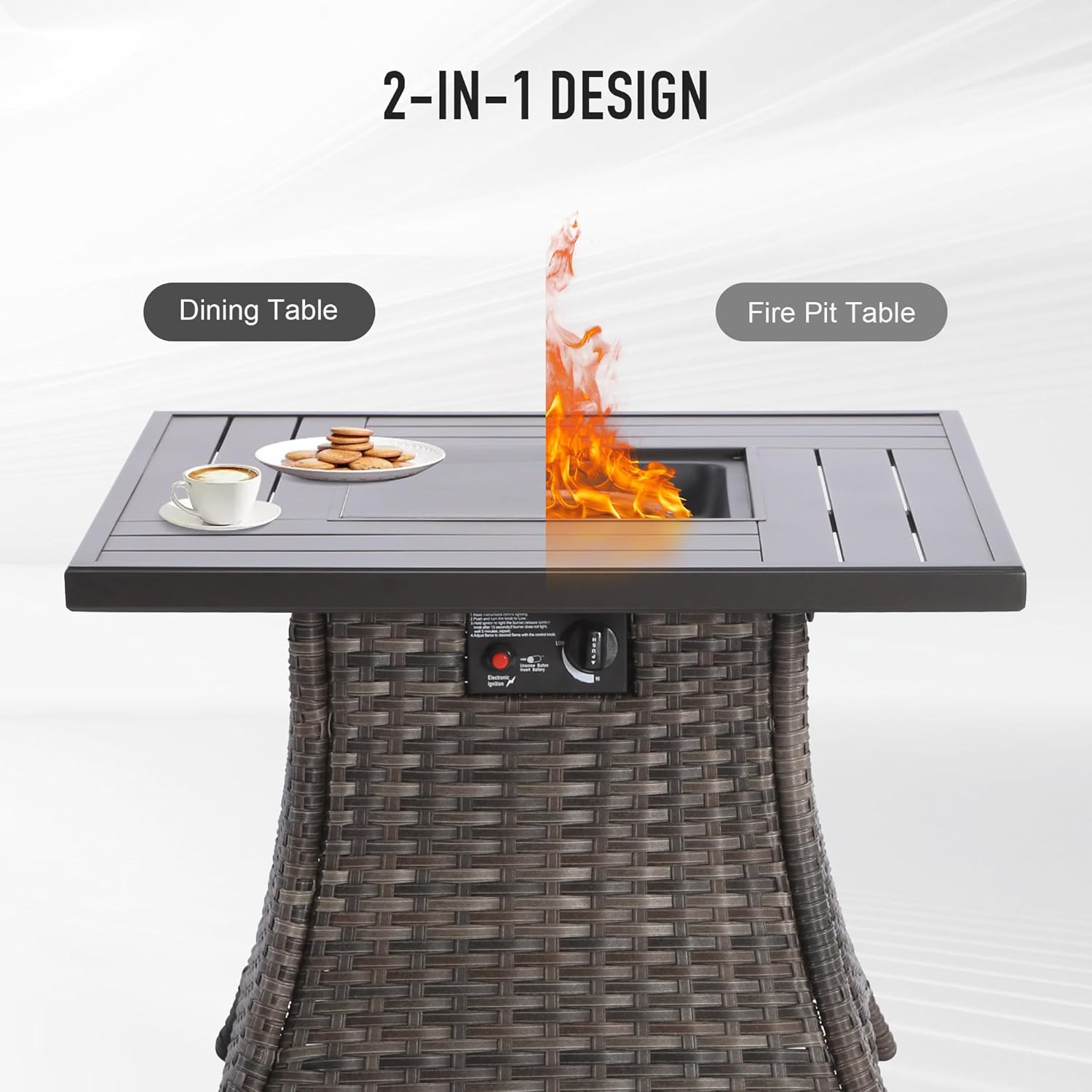 32” Fire Pit Table, 50,000 BTU Outdoor Wicker Patio Propane Firepit, 2 in 1 Propane Fire Pit for Patio, Deck, Backyard