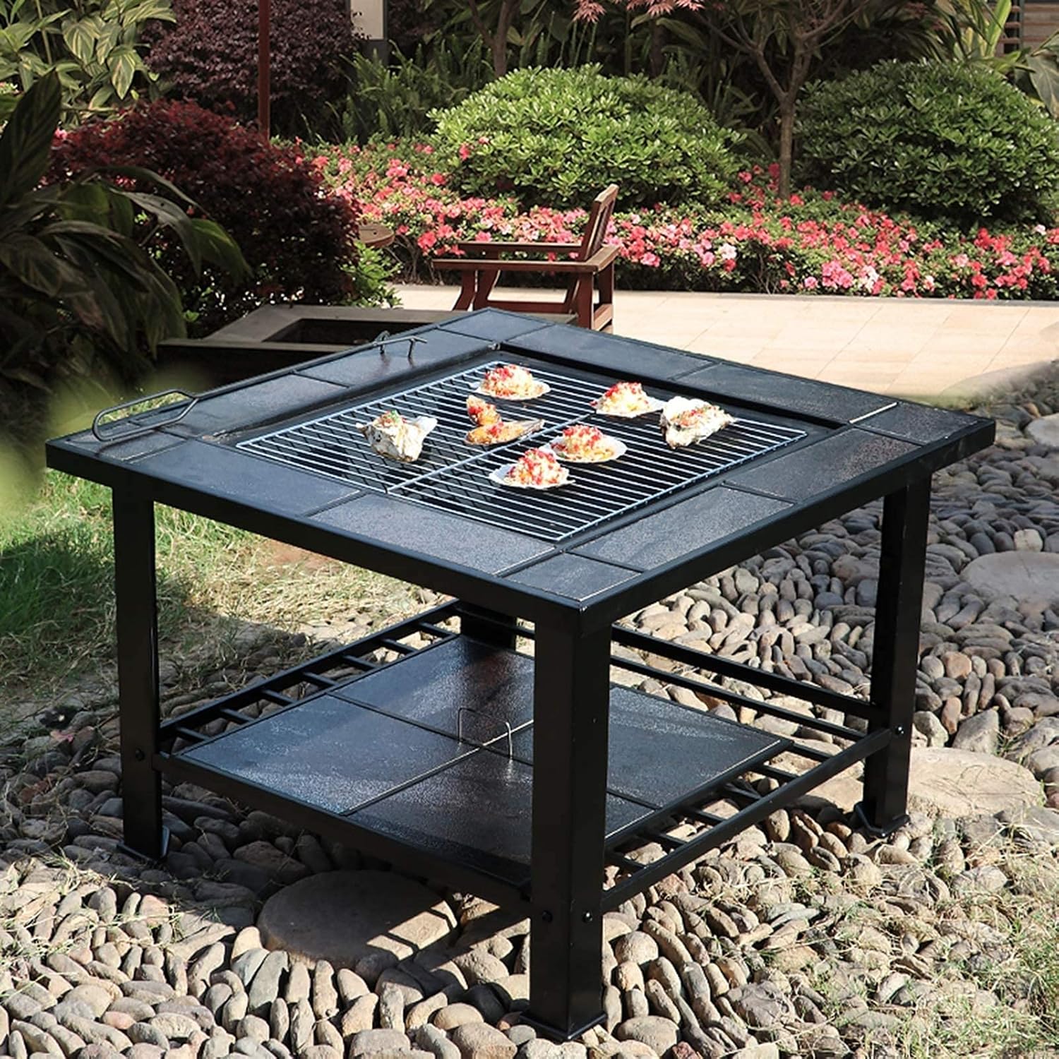 Garden Wood Burning Fire Pit Grill Table - 23“,Outdoor Wood Burning Fire Bowl with Spark Screen Cover