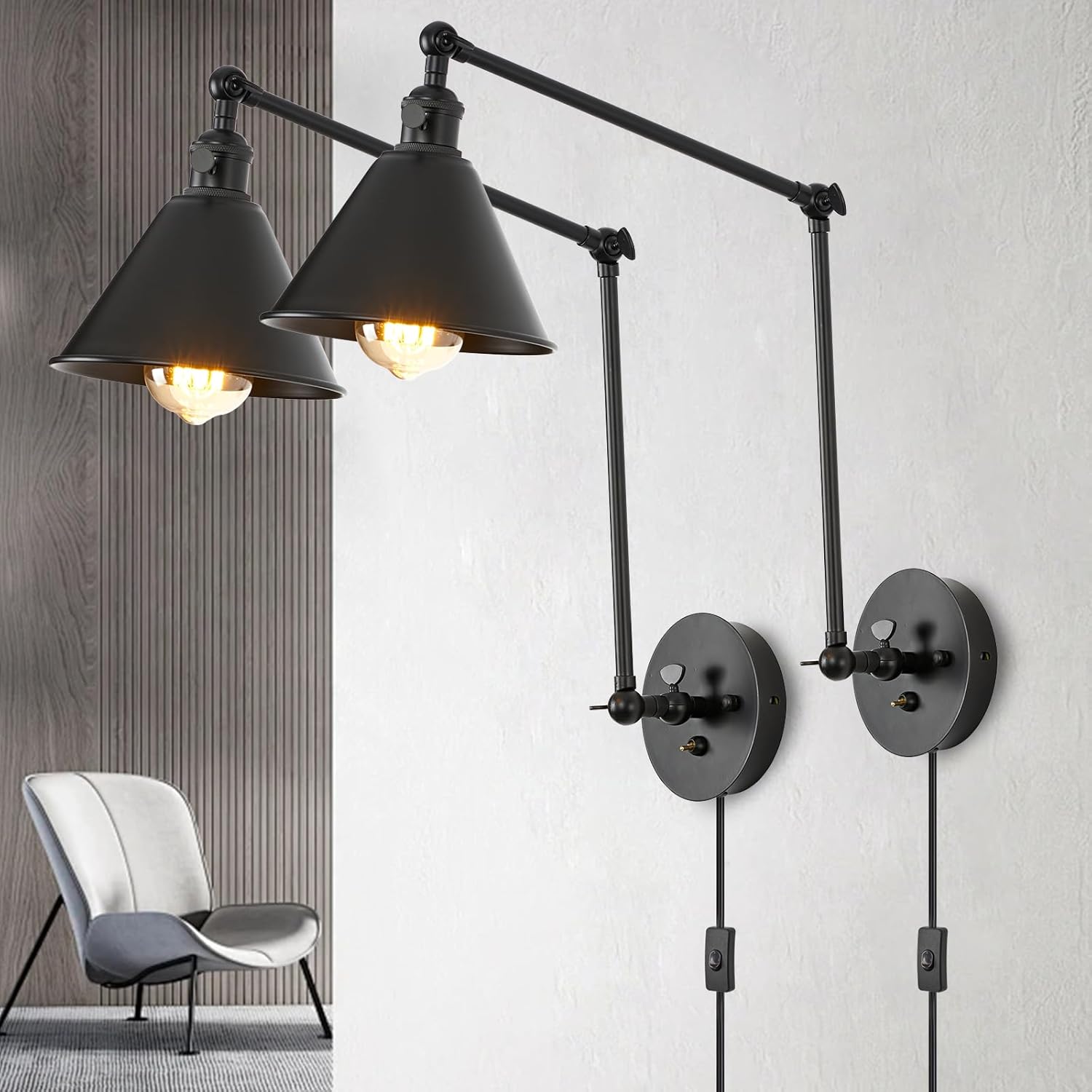 Wall sconces Set of Two, Plug in Wall Sconces Swing Arm Wall Lights with Plug in Cord and On/Off Knob Switch, Black Horn Wall Light for Bedside Bedroom Bathroom