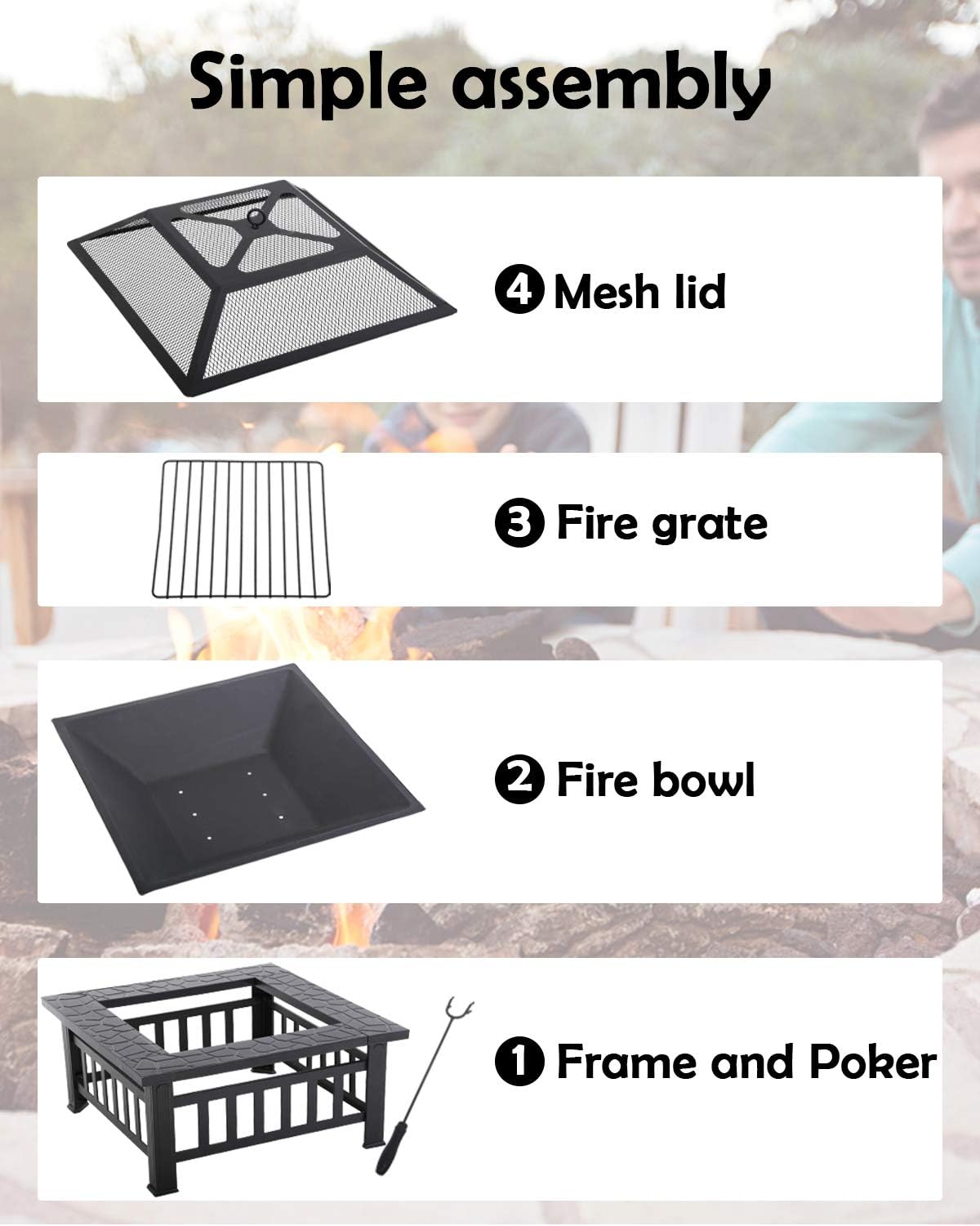 Outdoor Fire Pit 32 inch Square Metal Firepit for Patio Wood Burning Fireplace Garden Stove with Charcoal Rack, Poker & Mesh Cover for Camping Picnic Bonfire Backyard