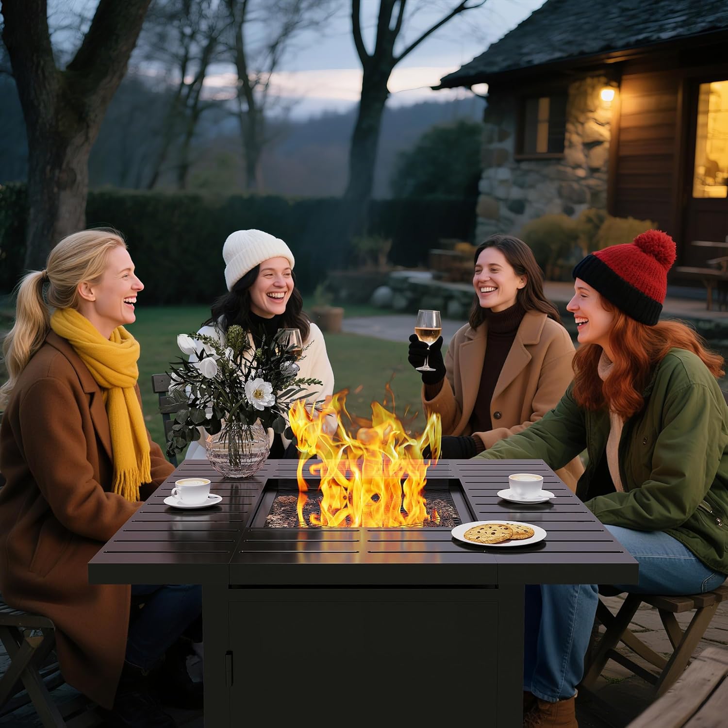 Royalcraft 2 in 1 Propane Fire Pit Table, 50000 BTU Gas Fire Pits Table with Removable Lid, Lava Rock and Cover, Square Fire Table for Dining or Party on Garden, Patio, Yard, 30