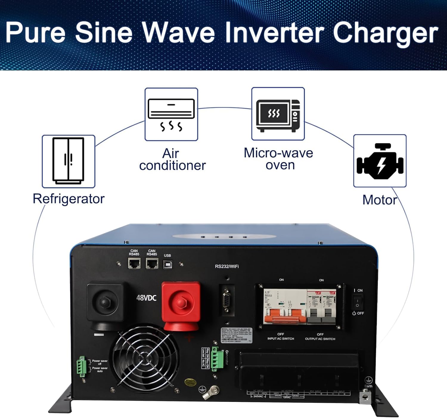 UL1741 48V Inverter 12KW Solar Hybrid Off Grid 110/220Vac Low Frequency DC 48V AC Input 240V AC Output 120V/240V Split Phase Pure Sine Wave Converter with 2x80A MPPT Charger Controller 12000W