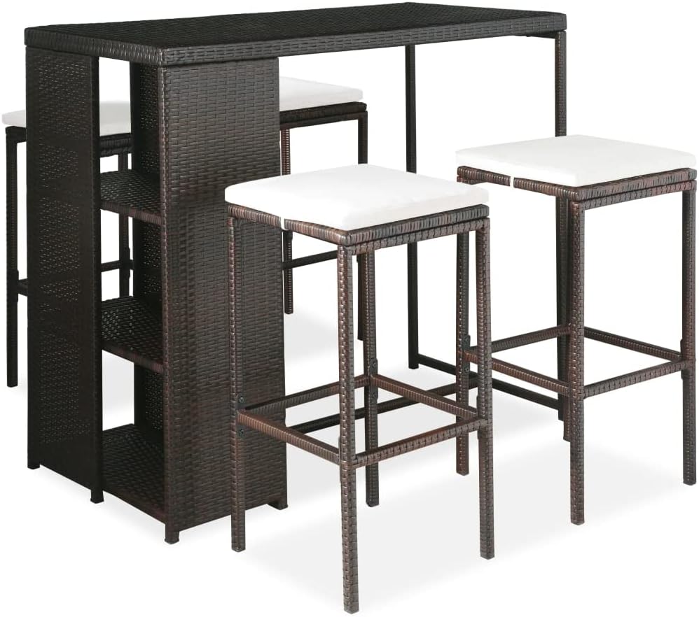 5 Piece Patio Bar Set with Cushions Poly Rattan Brown,【】 Durable Outdoor Rattan Bar Set for Patio, Garden and Terrace Patio Furniture Sets, Outdoor Furniture Sets