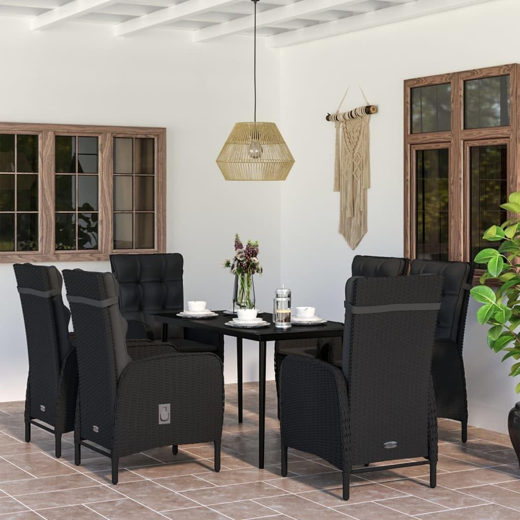 7 Piece Patio Dining Set with Cushions Black,AllWeather Outdoor Patio Dining Set with Comfortable Rattan Chairs and Glass Top Table Furniture Sets for Patio, Lawn & Garden