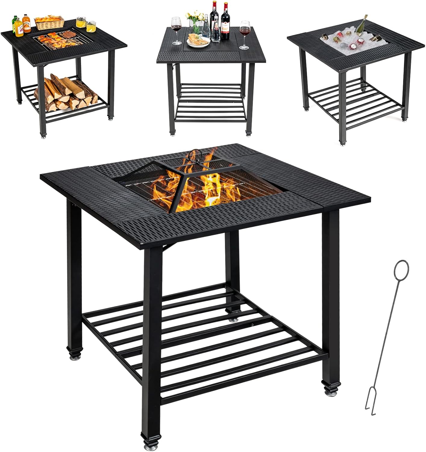 Giantex 4-in-1 Wood Burning Fire Pit, Square Firepit Table with Mesh Cover, Removable Lid, Cooking Grate, Log Grate and Fire Poker, Outdoor Fire Table for Garden Poolside Balcony