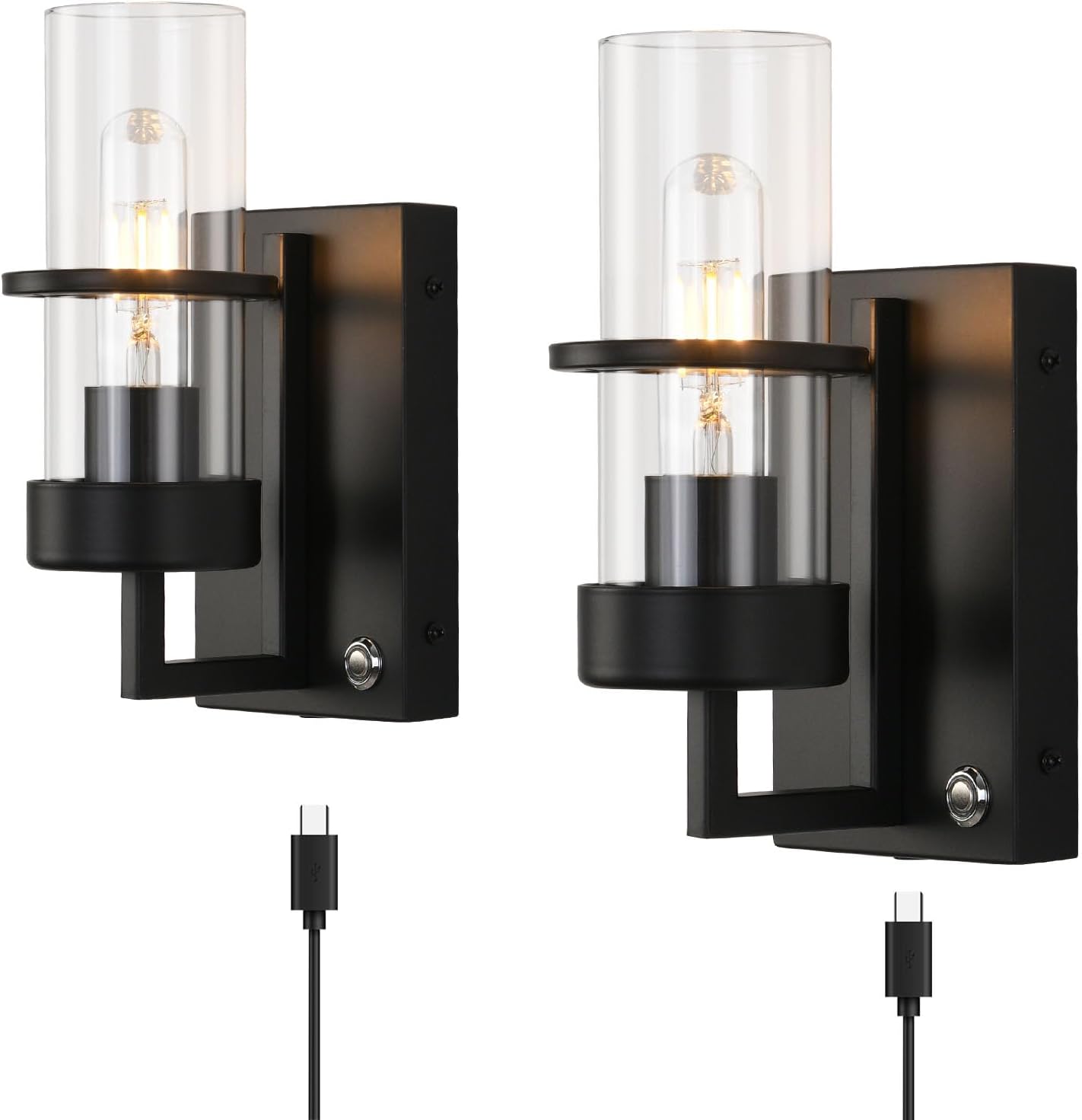 HOXIYA Dimmable Battery Operated Wall Sconce Set of Two, Whole Light Charing USB-c Rechargeable Wall Lamp, 8000mAh 60hrs Long Battery Life Powered Cordless No Wired Required, Clear Glass Shade Black
