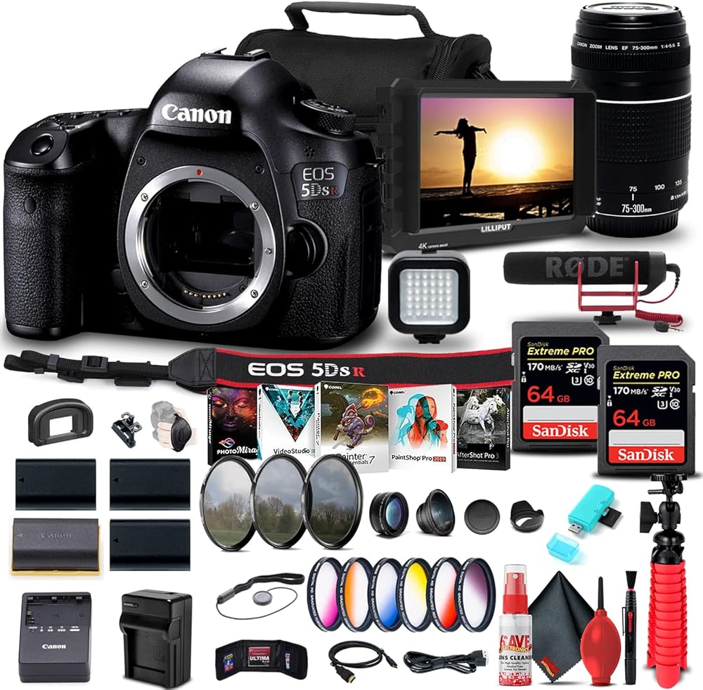 Canon EOS 5DS R DSLR Camera (Body Only) (0582C002) + Canon EF 75-300mm f/4-5.6 III Lens (6473A003) + 4K Monitor + Pro Mic + 2 x 64GB Memory Card + Color Filter Kit + Filter Kit + More (Renewed)