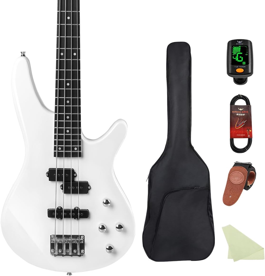 Electric Bass Guitar 4 Strings Full-Size Standard Bass PB-Style Beginner Kit Black for Starter with Gig Bag Guitar Strap and Guitar Cable (IB-white)