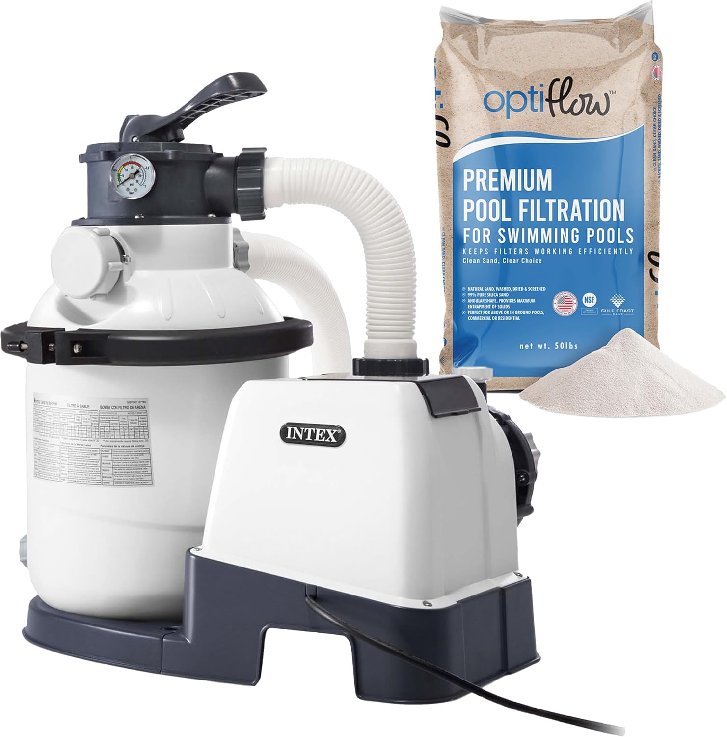 Intex 26643EG Krystal Clear 1500GPH Sand Filter Pump for Above Ground Pools Bundled with OptiFlow Premium Pure Silica Filter Sand, 50 lb Bag