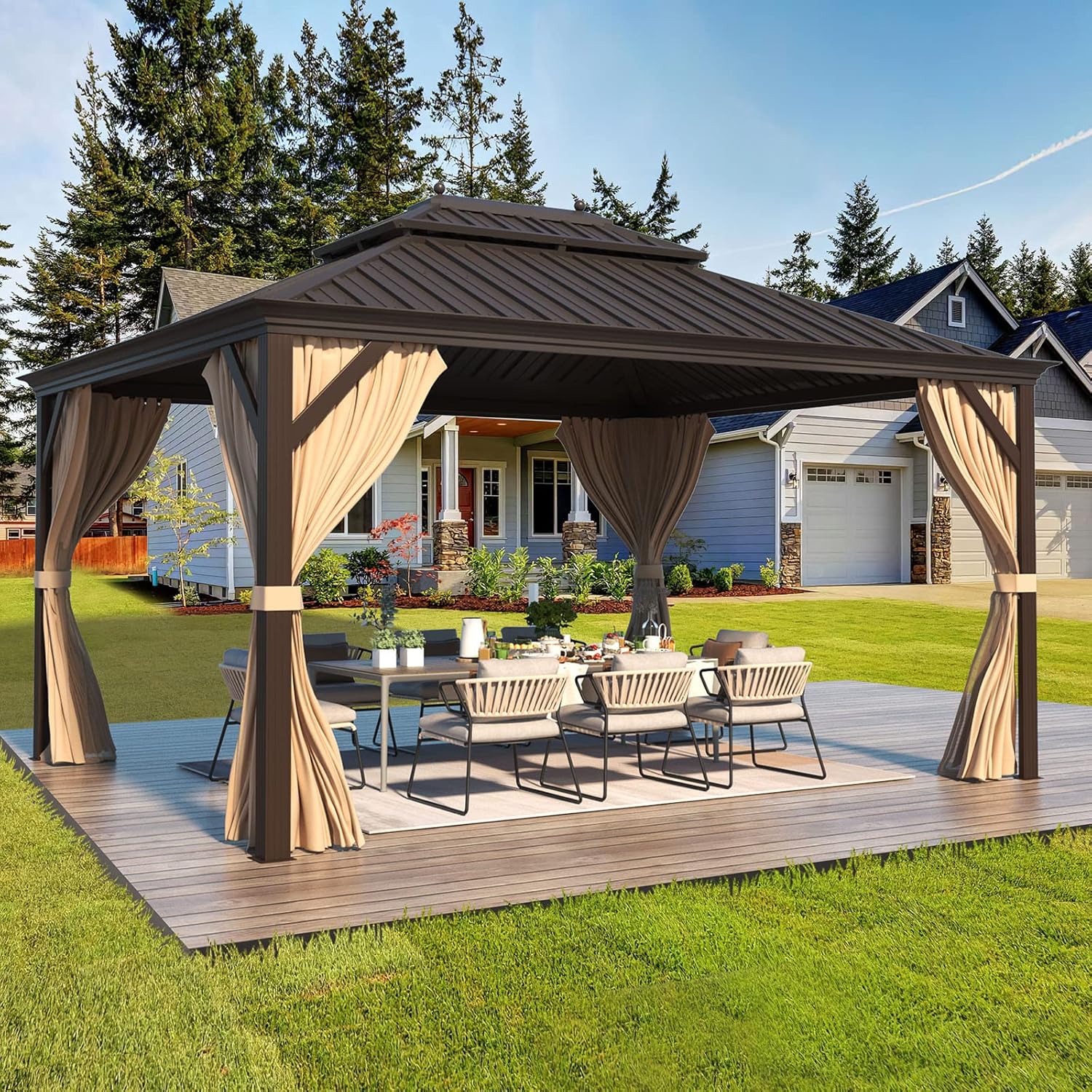 MELLCOM 10'x12' Hardtop Gazebo with Galvanized Steel Double Roof, Canopy Aluminum Frame, Curtains and Netting Included, Metal Outdoor Gazebos for Patios, Garden, Lawns, Parties