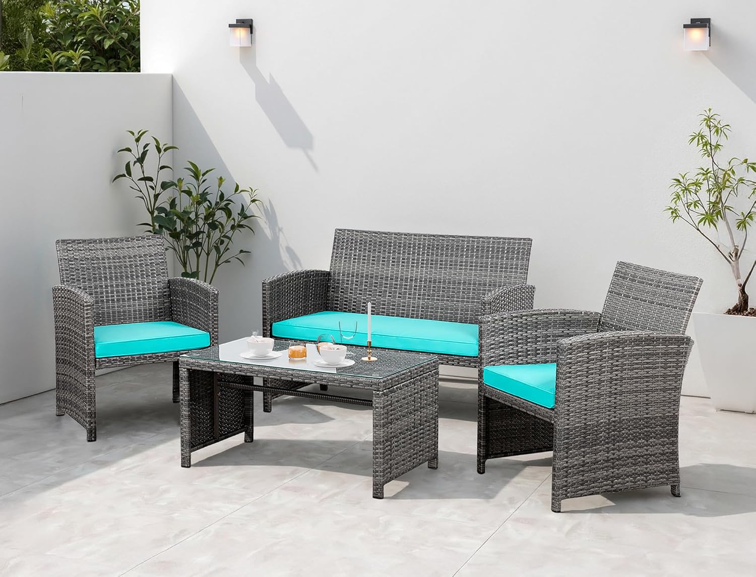 4 Piece Patio Ratten Set Outdoor Furniture Set Wicker Conversation Set with Cushions and Tempered Glass Tabletop,Blue