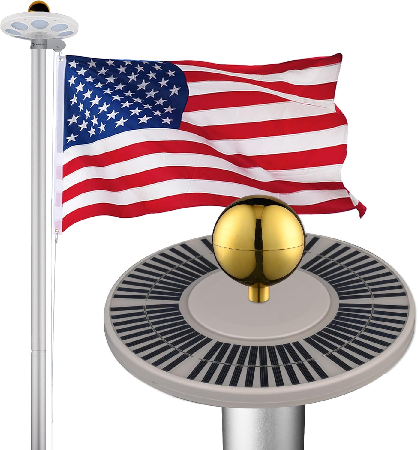 Yescom Bravery 25Ft Sectional 13Gauge Aluminum Flag Pole Kit with 136 LED Solar Light US Flag Top Final for Outside House Outdoor Commercial Residential Home Yard Garden, Modern Silver