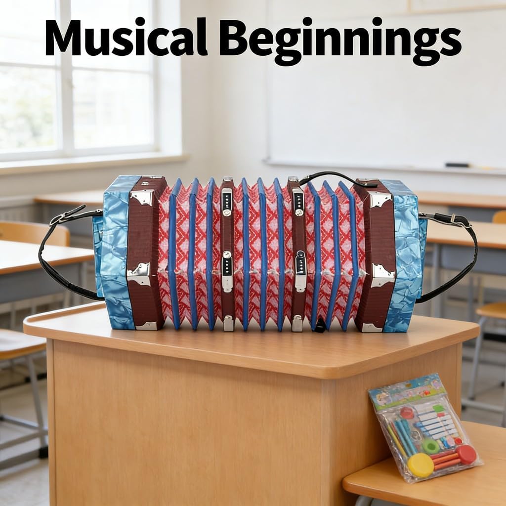 Mini 17 - Key Anglo Concertina Accordion for Adults and Beginners, Blue Portable Wooden Squeeze Box - Adjustable Strap, Lightweight, for Zydeco and Folk Music (Blue)