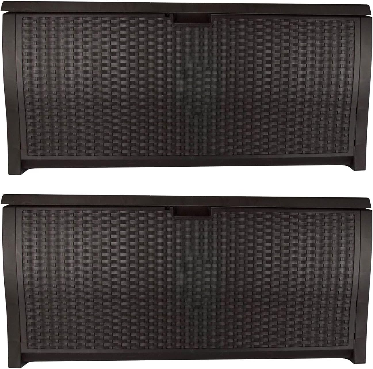 Suncast 99 Gallon Plastic Wicker Deck Box Container Storage for Garden, Garage, Home, Pool, Indoor and Outdoor Use, Mocha (2 Pack)