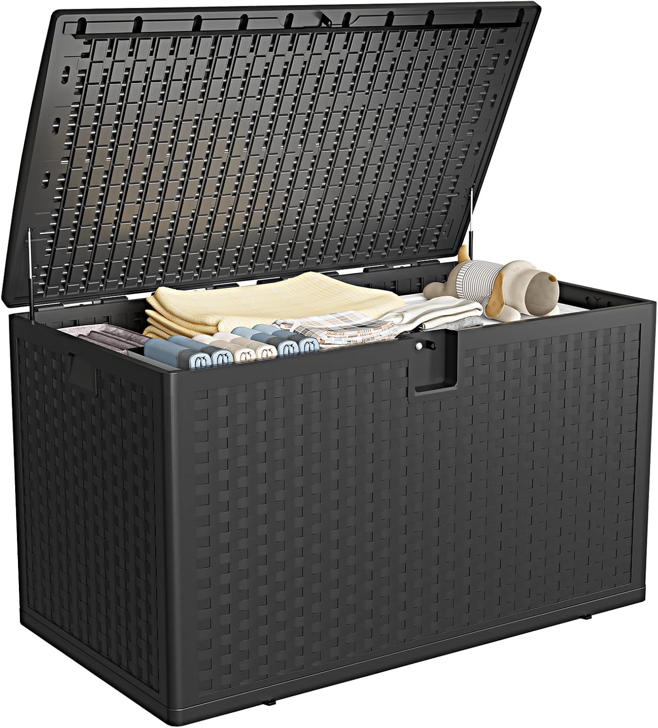 120 Gallon Indoor & Outdoor Storage Box, Lockable Resin Deck Boxes Waterproof with Lid& Side Handles for Garden Pool Accessories, Patio Cushions, Backyard Furniture, Black.