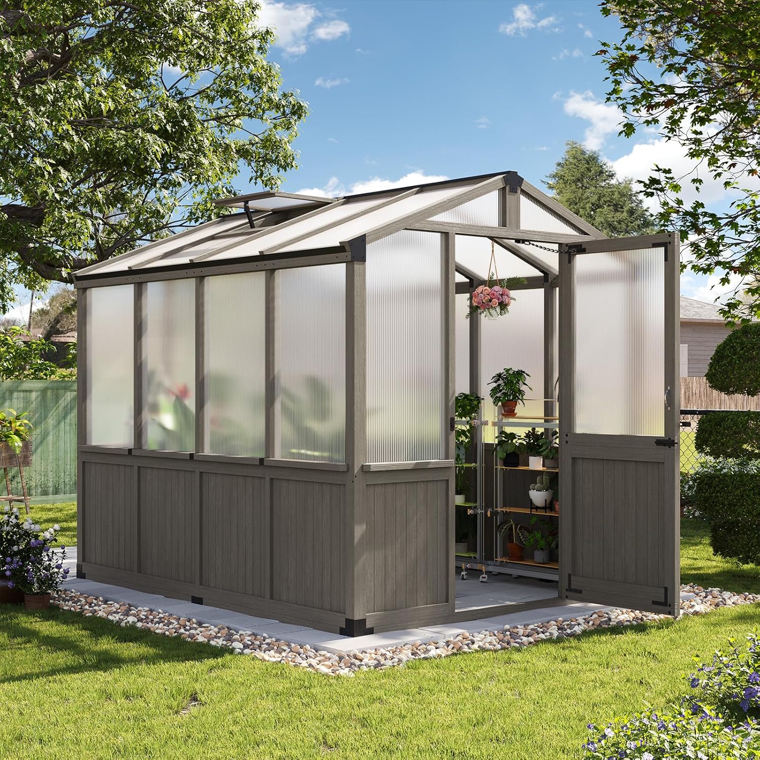 Aoxun 6x12 FT Wood Green House for Outdoors, Polycarbonate Panel Wooden Walk-in Greenhouse Kit with Automatic Temperature Control Roof Vent and Lockable Door, for Outside Backyard Garden, Gray