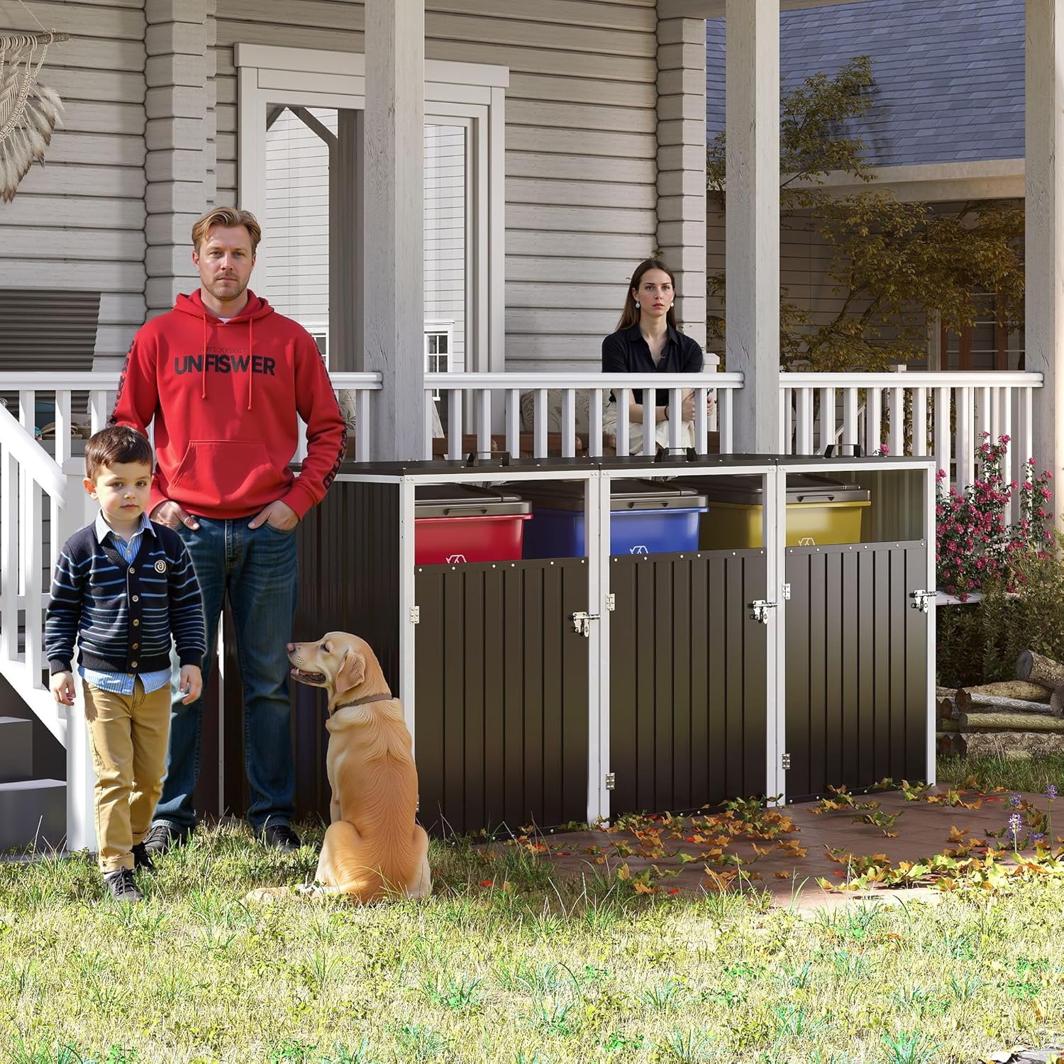 Outdoor Galvanized Steel Trash Can Storage Shed – 120 cu ft Garbage Bin Enclosure for Patio, Garden Yard Weather-Resistant with Pneumatic Support Rod, Lockable Doors & Chain Lid (Dark Gray, 3 Door)