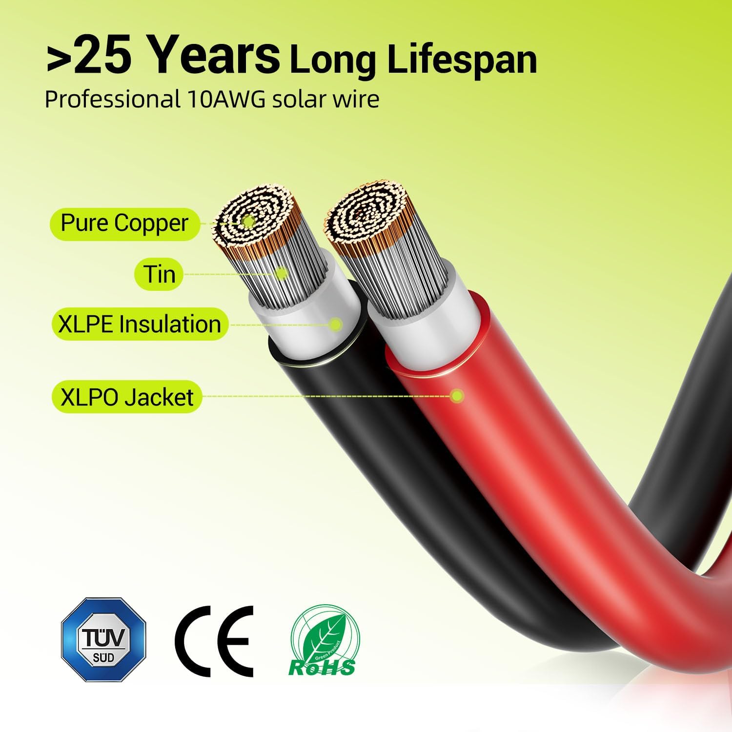 10AWG Solar Panel Wire, 2x100FT 6mm² Solar Extension Cable Red & Black 84 Strands Tinned Copper PV Wire XLPE Insulated Fire & UV Resistant for Outdoor Off-Grid Photovoltaic System RVs Cars Boats