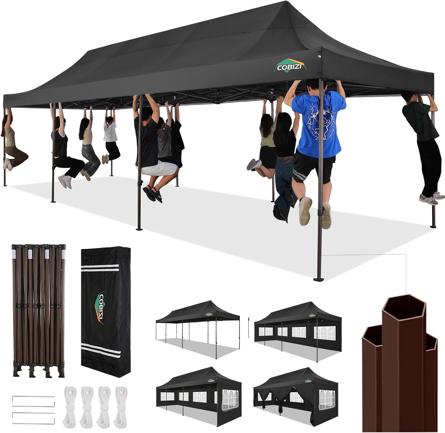 COBIZI Heavy Duty 10x30 Party Tent, Commercial 10x30 pop up Canopy for Parties Waterproof Gazebos with 8 Sidewalls, All Season Wind & Waterproof UPF50+,Stable Thickened Frame