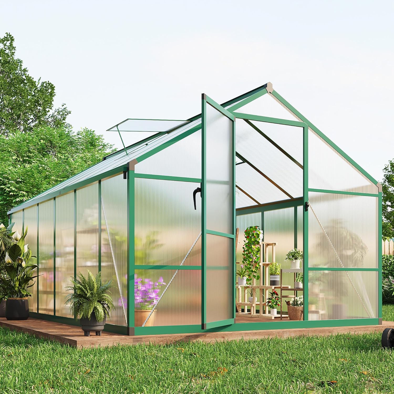 8 x 12 ft Greenhouse, Greenhouses for Outside, Polycarbonate Greenhouse with Aluminum Frame, Lockable Door and Ajustable Roof Vent for Backyard, Green Houses for Outside Garden Backyard, Patio