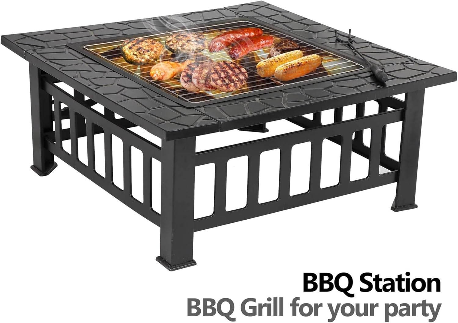 32 Inch Square Metal Fire Pit Table for Outdoor Backyard Patio Garden Multifunctional Fireplace Stove with Cover Applicable to Camping Barbecue Bonfire Picnics