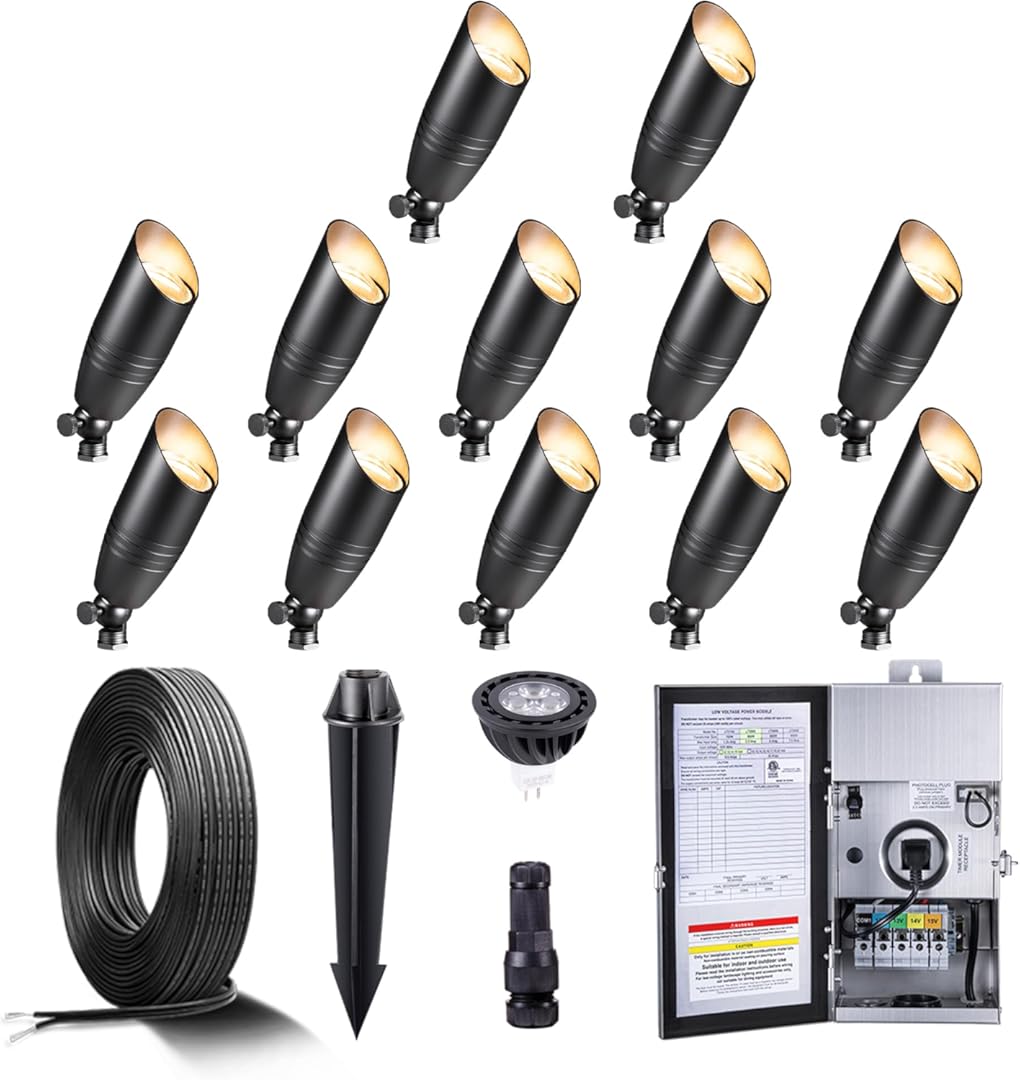 Gardenreet Black Brass Landscape Lighting Kit (12-Pack Spotlights) with 300W Low Voltage Transformer and Mechanical Timer and 250FT Wire and 50Pack Connectors for Outdoor Garden Patio