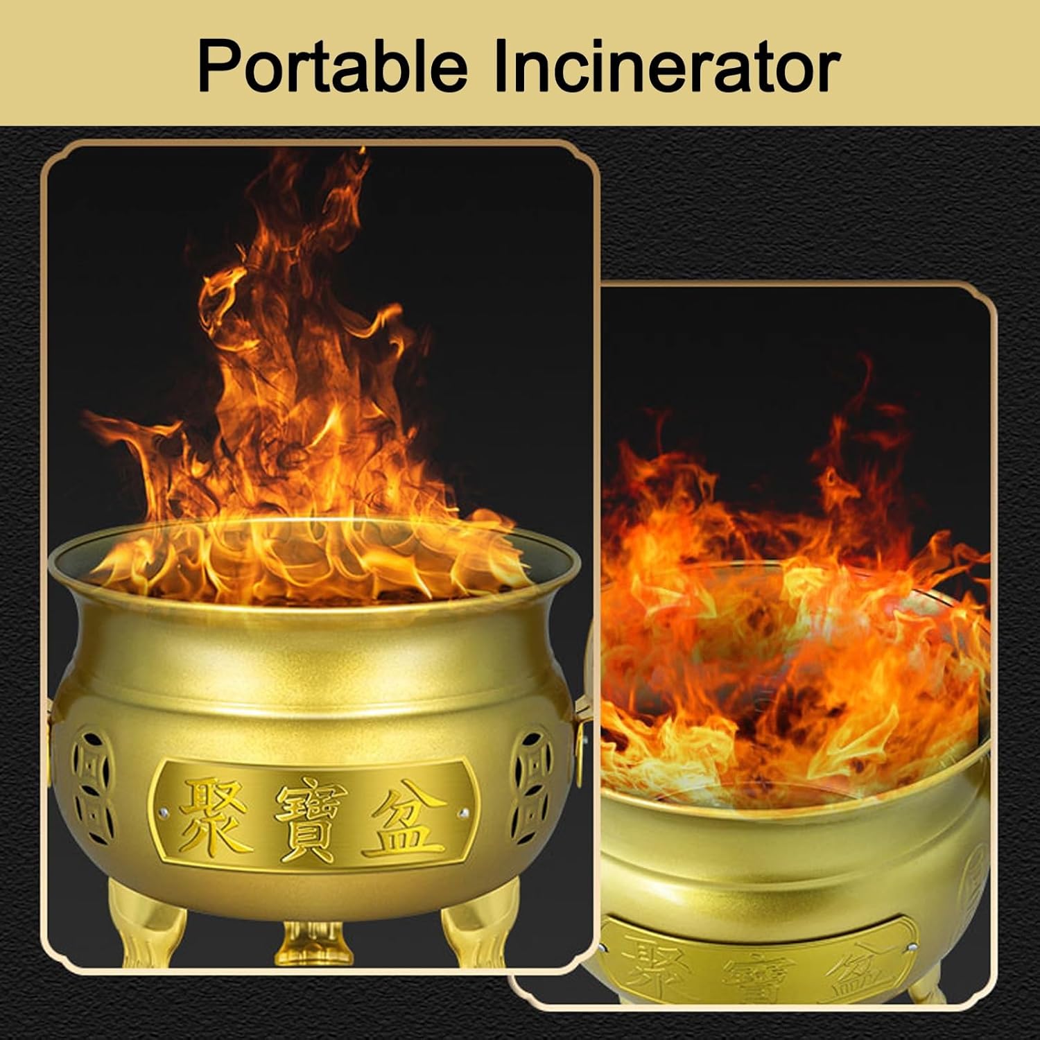 Outdoor Incinerator, Burn Cage with Lid, Double Handle Metal Fire Pit for Burning Paper Leaves Garbage Paper Money(Gold,43cm/17in)