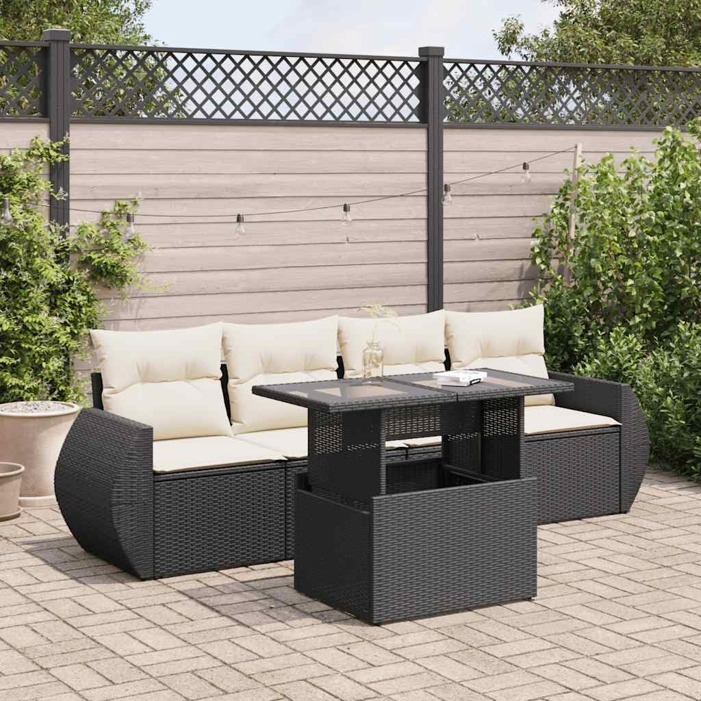 5-Piece Garden Sofa Set, Black PE Rattan, Cream White Cushions, Adjustable Armrests, Outdoor Patio Furniture for Balcony, Terrace