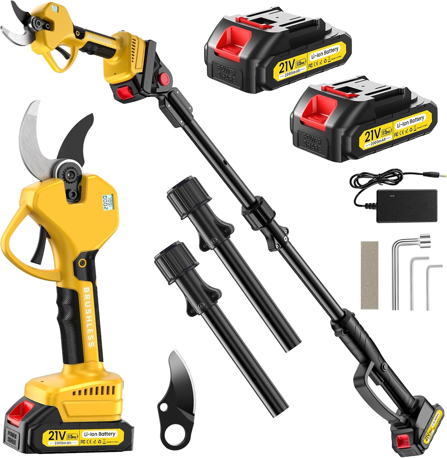 Electric Pruning Shears Cordless 1.6-2.0 Inches & Electric Pole Pruner 2-IN-1 Reach To 14-ft, 2 * 2Ah Battery Pruning Shears, Cordless Pole Pruner Garden Tool for Tree Trimming Branch Cutter