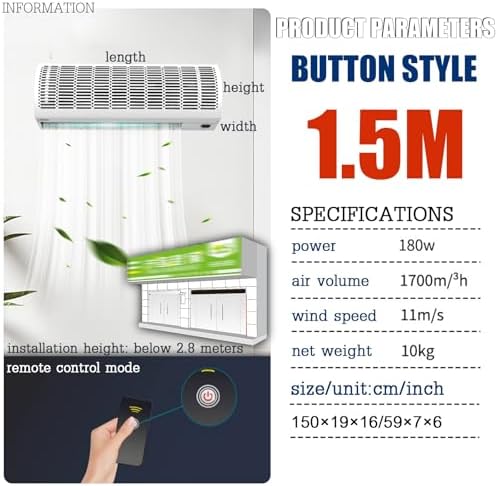 Air Curtain,Commercial Silent Door Air Curtain Machine, Energy-Saving Remote Control Black, Available in 1.5/1.8/2 Meters(1.5m)