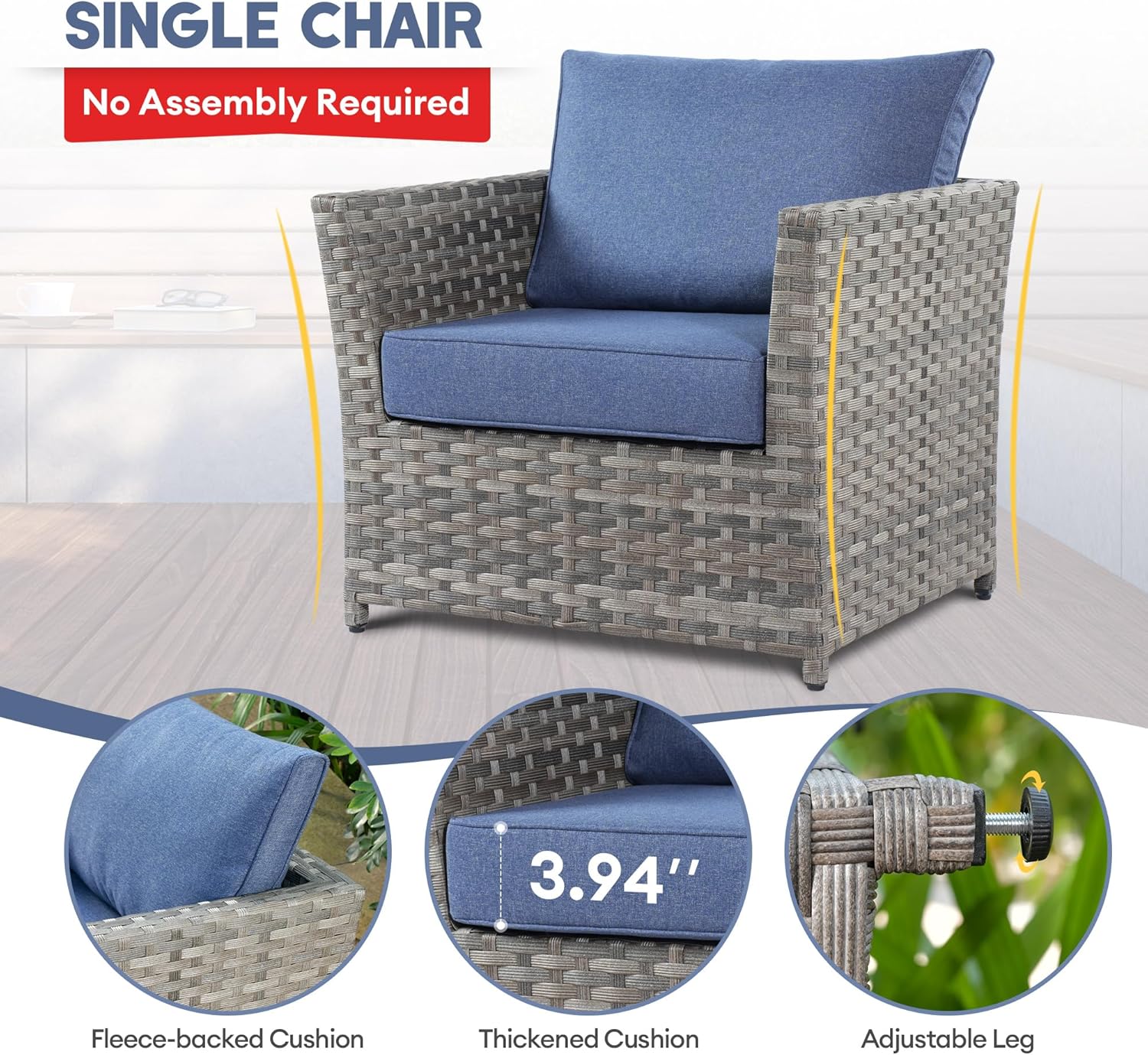 Patio Conversation Set, 10-Piece Wicker Outdoor Sectional Swivel Rocker Chairs Set with 42 Inch Rectangular Fire Pit Table (Denim Blue)