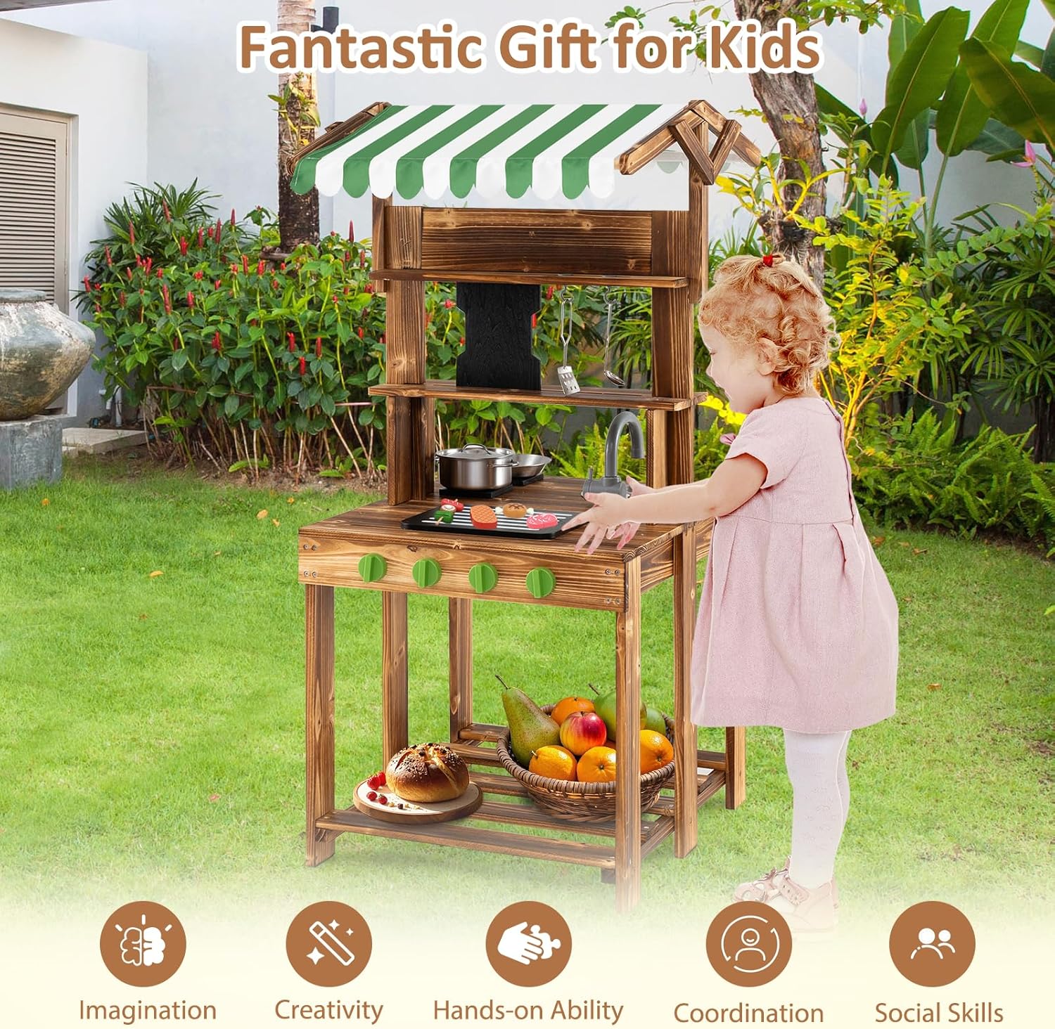 Costzon Mud Kitchen, Double-Sided Outdoor Play Kitchen & Barbecue Grill Playset with Canopy, Chalkboard, Sink & Faucet, Cooking Accessories, Gift for Boys & Girls 3+ (Double-Sided)